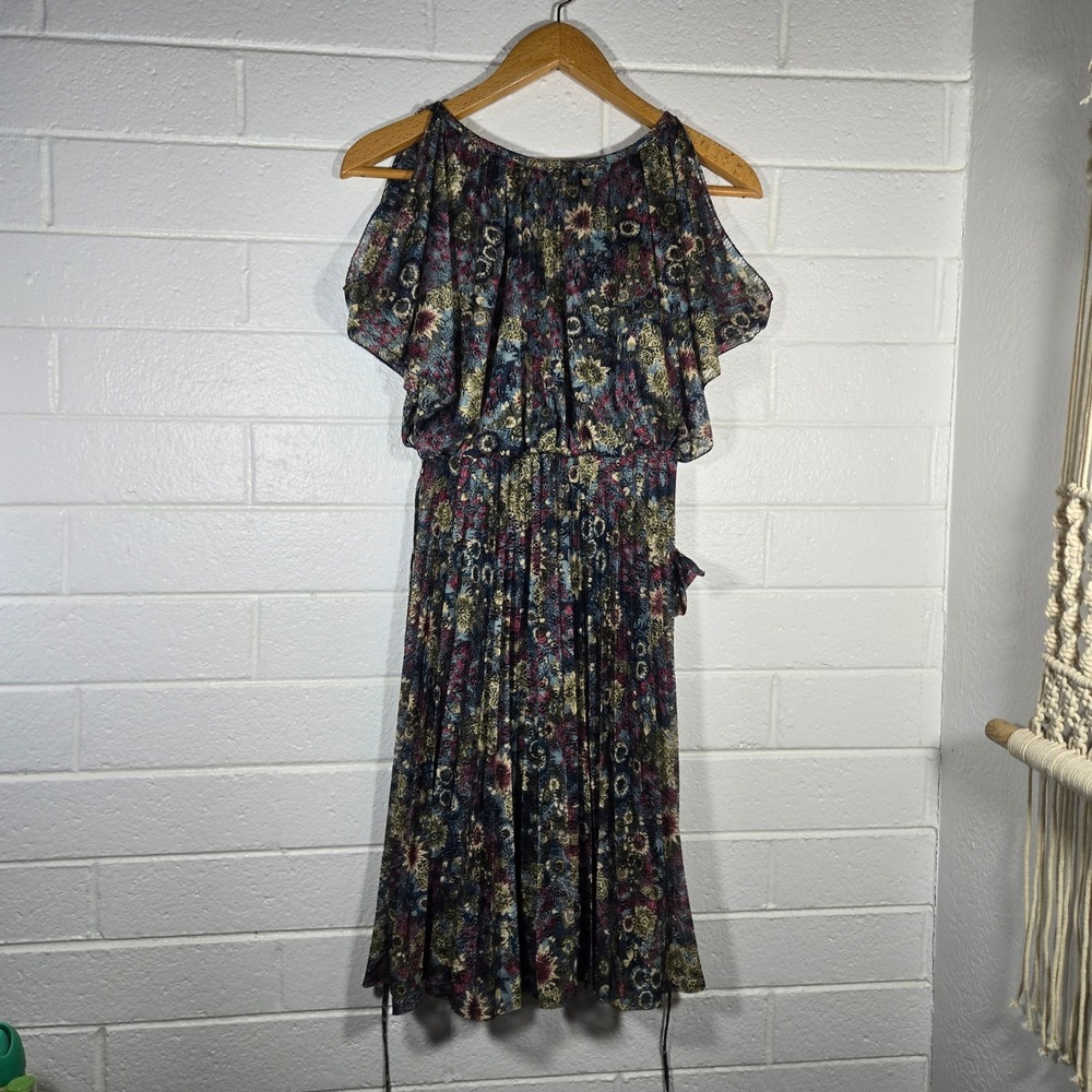 Vtg Floral‎ Lace Cold Flutter Shoulder Midi Dress Medium Multicolor Boho Easter